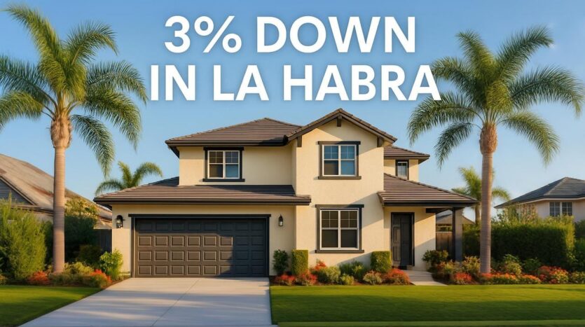 Beautiful single-family home in La Habra California with palm trees showing 3% down payment option for first-time homebuyers