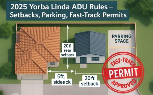 Overhead diagram of a Yorba Linda home lot showing an ADU with labeled 20-ft rear and front setbacks, a 5-ft side setback, a marked parking space, and a red “Fast-Track Permit Approved” stamp under the heading “2025 Yorba Linda ADU Rules—Setbacks, Parking, Fast-Track Permits.”