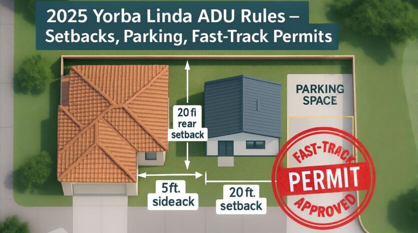 Overhead diagram of a Yorba Linda home lot showing an ADU with labeled 20-ft rear and front setbacks, a 5-ft side setback, a marked parking space, and a red “Fast-Track Permit Approved” stamp under the heading “2025 Yorba Linda ADU Rules—Setbacks, Parking, Fast-Track Permits.”