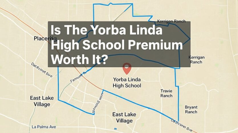 Yorba Linda High School YLHS attendance zone boundary map showing neighborhoods including Kerrigan Ranch, Bryant Ranch, Travis Ranch, East Lake Village, and Placentia with PYLUSD school location marked - Is the Yorba Linda High School premium worth it