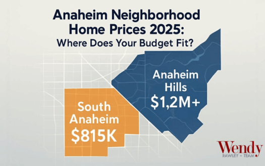 Anaheim neighborhood home prices 2025 map showing Anaheim Hills at $1.2M and South Anaheim at $815K median price comparison