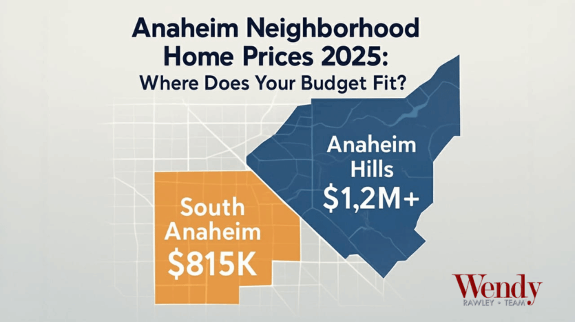 Anaheim neighborhood home prices 2025 map showing Anaheim Hills at $1.2M and South Anaheim at $815K median price comparison