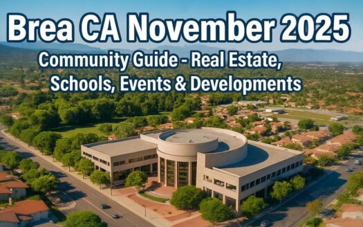 Aerial view of Brea California civic center with residential neighborhoods, November 2025 community guide for real estate, schools, events and new developments