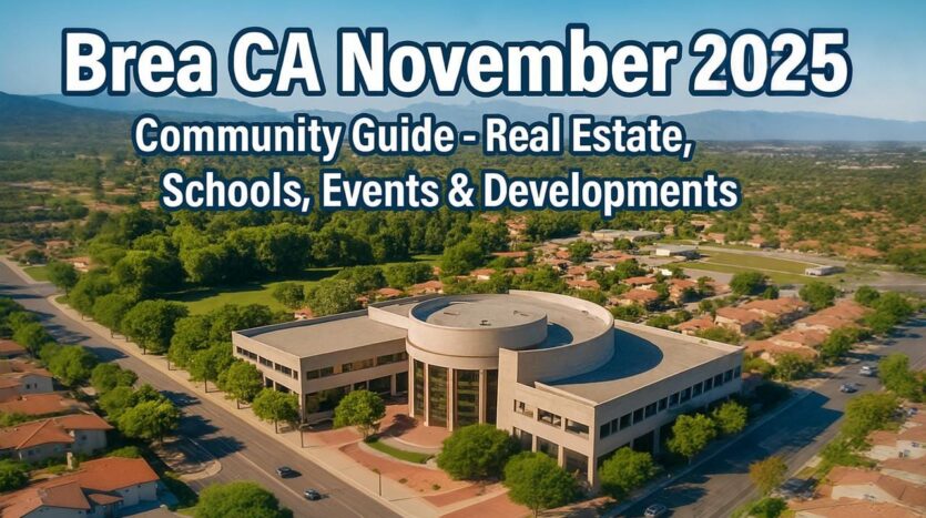 Aerial view of Brea California civic center with residential neighborhoods, November 2025 community guide for real estate, schools, events and new developments