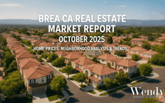 Aerial view of Brea California suburban neighborhood with Spanish tile roofs and tree-lined streets for October 2025 real estate market report