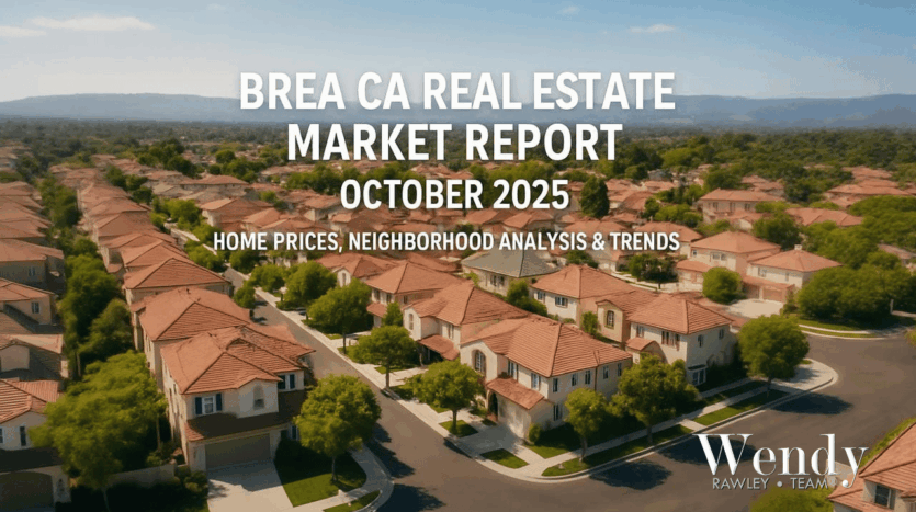 Aerial view of Brea California suburban neighborhood with Spanish tile roofs and tree-lined streets for October 2025 real estate market report