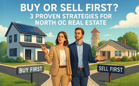 Buy or sell first? Two agents stand between a solar-equipped modern home and a bungalow, highlighting 3 strategies for North OC real estate.