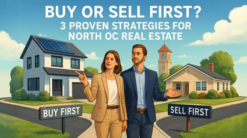 Buy or sell first? Two agents stand between a solar-equipped modern home and a bungalow, highlighting 3 strategies for North OC real estate.