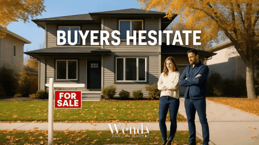 Hesitant home buyers standing in front of for sale house in North Orange County fall 2025 real estate market with mortgage rate concerns