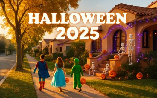 Three children in Halloween costumes trick-or-treating on decorated neighborhood street in North Orange County at dusk with jack-o-lantern buckets