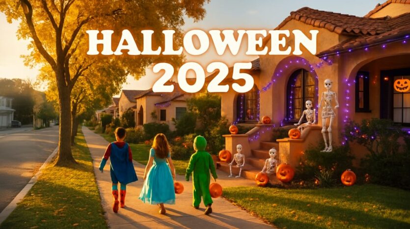Three children in Halloween costumes trick-or-treating on decorated neighborhood street in North Orange County at dusk with jack-o-lantern buckets