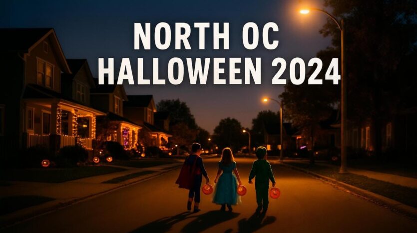 Three children in Halloween costumes trick-or-treating on decorated neighborhood street in North Orange County at dusk with jack-o-lantern buckets
