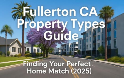 Fullerton CA property types including single-story home, hillside view homes, modern condos, and gated community entrance with palm trees
