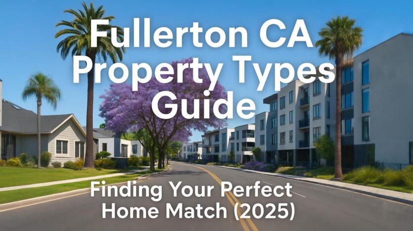 Fullerton CA property types including single-story home, hillside view homes, modern condos, and gated community entrance with palm trees