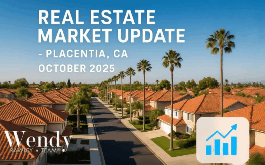 Placentia, CA real estate market update (October 2025): palm-lined suburban street with orange tile-roof homes.