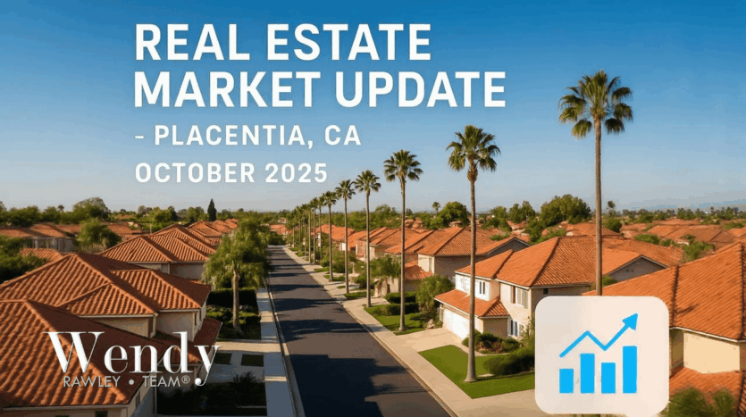 Placentia, CA real estate market update (October 2025): palm-lined suburban street with orange tile-roof homes.