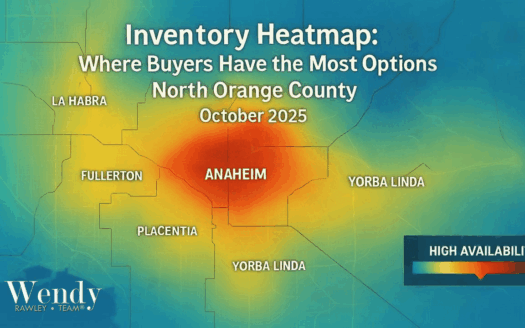 North Orange County real estate inventory heatmap October 2025 showing Anaheim and Fullerton with highest home availability in red-orange, while Yorba Linda shows lower inventory in blue-green, by The Wendy Rawley Team