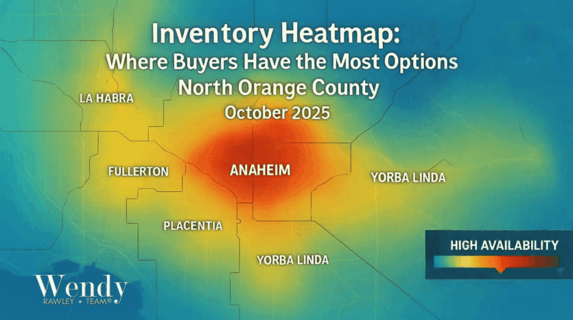 North Orange County real estate inventory heatmap October 2025 showing Anaheim and Fullerton with highest home availability in red-orange, while Yorba Linda shows lower inventory in blue-green, by The Wendy Rawley Team