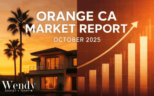 Orange California real estate market report cover for October 2025 featuring modern luxury home at sunset with palm trees and upward trending bar chart by Wendy Rawley Team