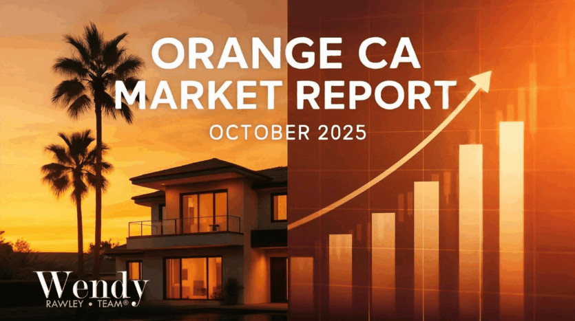 Orange California real estate market report cover for October 2025 featuring modern luxury home at sunset with palm trees and upward trending bar chart by Wendy Rawley Team