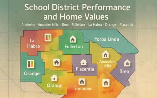 Heatmap infographic comparing school performance and home values across North Orange County cities—Anaheim, Anaheim Hills, Brea, Fullerton, La Habra, Orange, Placentia, and Yorba Linda—with house and bar-chart icons.