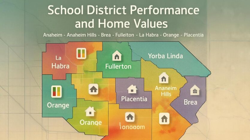 Heatmap infographic comparing school performance and home values across North Orange County cities—Anaheim, Anaheim Hills, Brea, Fullerton, La Habra, Orange, Placentia, and Yorba Linda—with house and bar-chart icons.