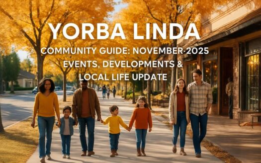 Families walking on tree-lined street in Yorba Linda during autumn with golden fall foliage and Town Center storefronts in background