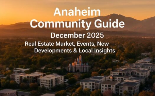 Aerial view of Anaheim California with mountains at sunset featuring residential neighborhoods and iconic architecture - Anaheim Community Guide December 2025