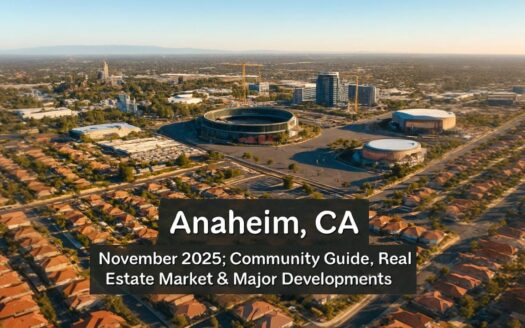 Aerial view of Anaheim CA showing Honda Center and residential neighborhoods for November 2025 community guide and real estate market update