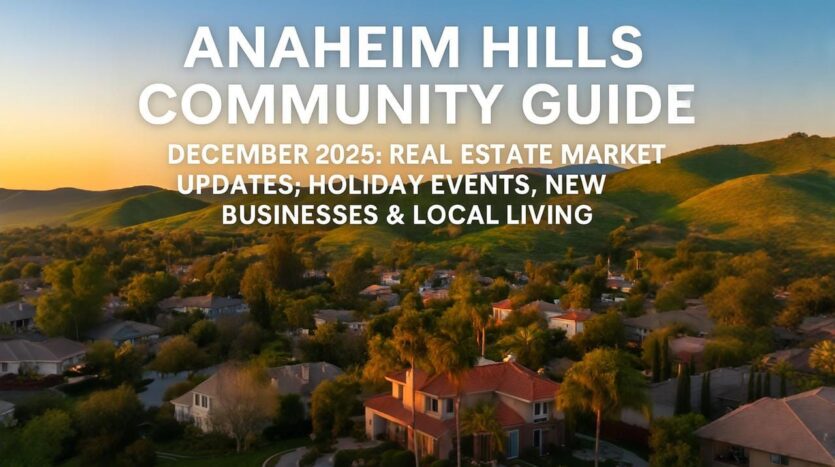 Aerial view of Anaheim Hills homes nestled in rolling hillside landscape at sunset, Anaheim Hills Community Guide December 2025 real estate market updates holiday events new businesses local living