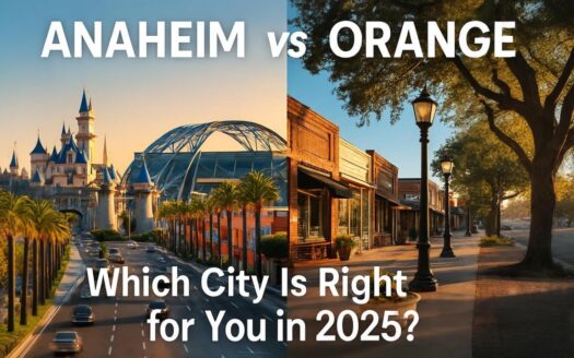 Split graphic reading “Anaheim vs Orange—Which City Is Right for You in 2025?”; left shows Disneyland castle and palm boulevard; right shows Old Towne Orange brick shops and tree-lined street.