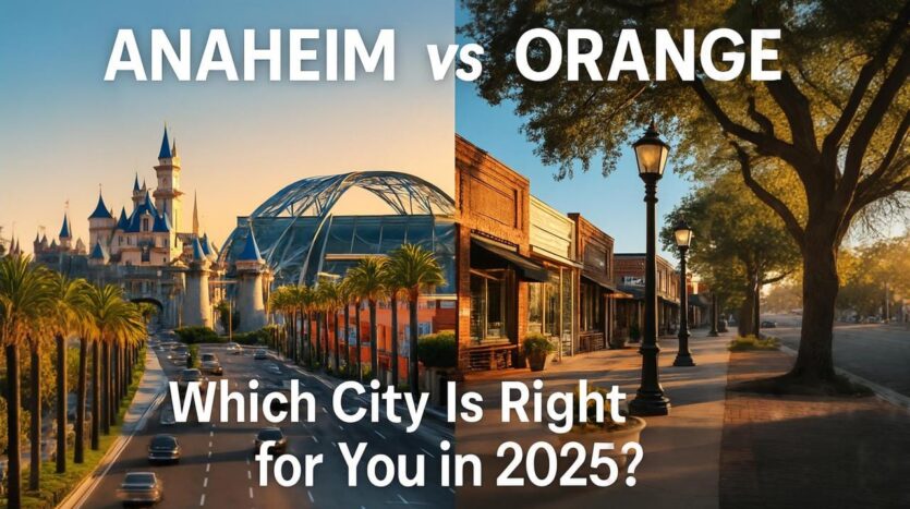 Split graphic reading “Anaheim vs Orange—Which City Is Right for You in 2025?”; left shows Disneyland castle and palm boulevard; right shows Old Towne Orange brick shops and tree-lined street.
