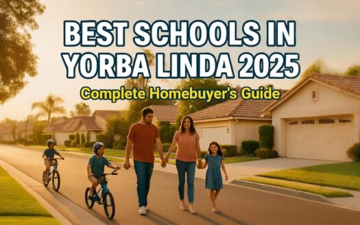 Family walks on a quiet Yorba Linda street at sunset while two kids ride bikes; text overlay reads “Best Schools in Yorba Linda 2025 — Complete Homebuyer’s Guide.”