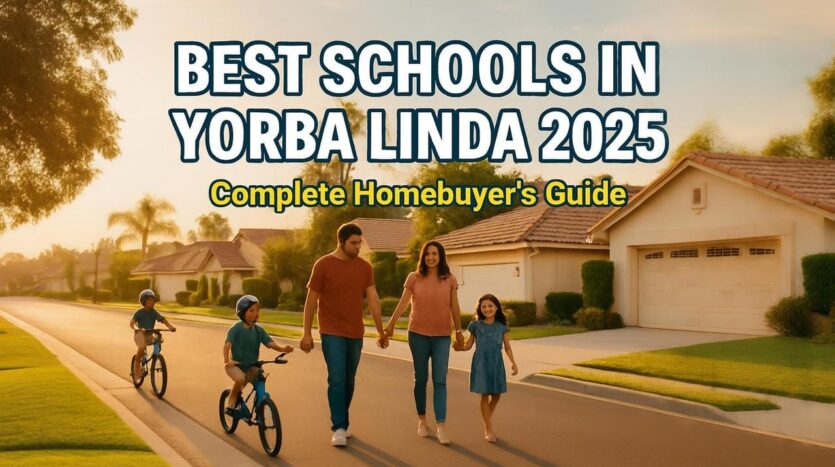 Family walks on a quiet Yorba Linda street at sunset while two kids ride bikes; text overlay reads “Best Schools in Yorba Linda 2025 — Complete Homebuyer’s Guide.”