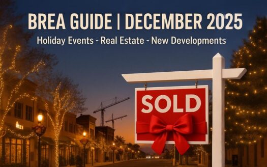 Brea Guide December 2025 graphic showing a downtown street with holiday lights and a red “SOLD” real estate sign with a bow.