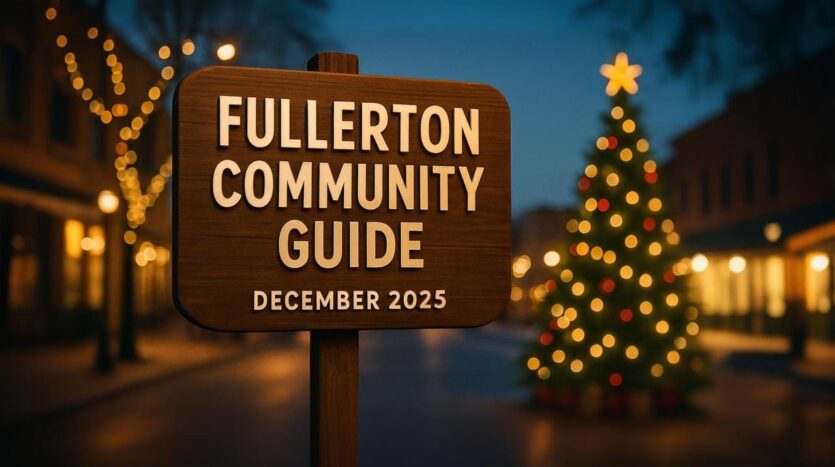 Wooden sign reading “Fullerton Community Guide — December 2025” on a festive downtown street at dusk, with holiday lights and a decorated tree in the background.