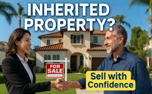 Real estate agent and man shake hands in front of a Mediterranean-style home with a “For Sale” sign; text overlay reads “Inherited Property? Sell with Confidence.”