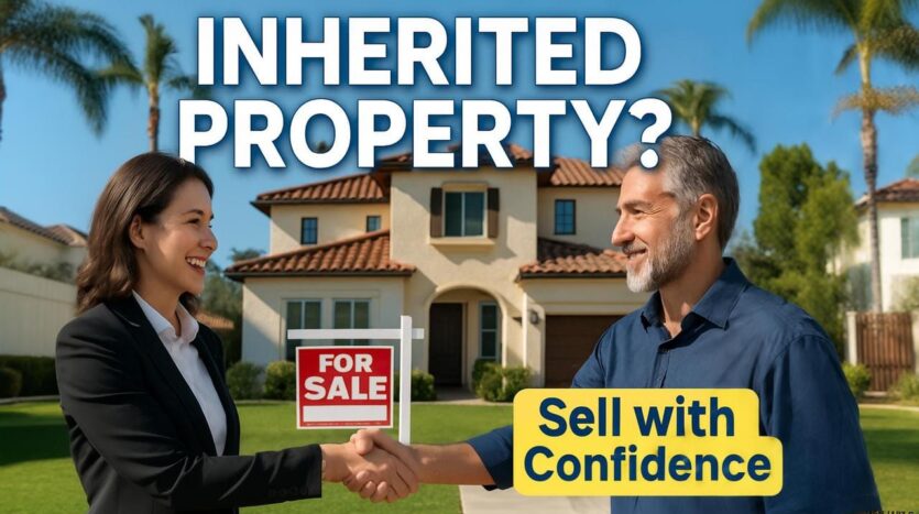 Real estate agent and man shake hands in front of a Mediterranean-style home with a “For Sale” sign; text overlay reads “Inherited Property? Sell with Confidence.”