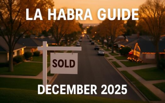 La Habra neighborhood street at sunset with a SOLD real estate sign in the foreground and holiday lights on homes, overlaid text reading “La Habra Guide – December 2025.”