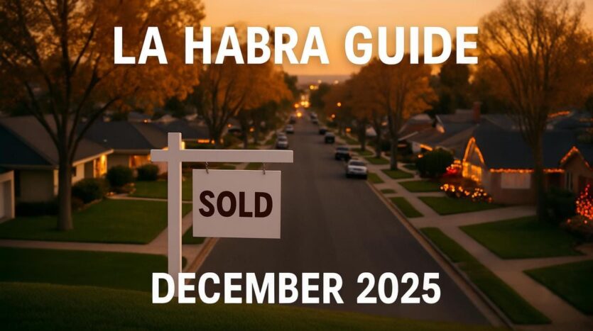 La Habra neighborhood street at sunset with a SOLD real estate sign in the foreground and holiday lights on homes, overlaid text reading “La Habra Guide – December 2025.”