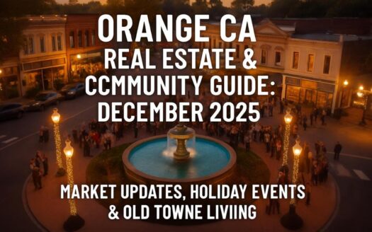 Orange CA Old Towne Plaza evening scene with fountain and holiday lights - December 2025 Real Estate and Community Guide cover image