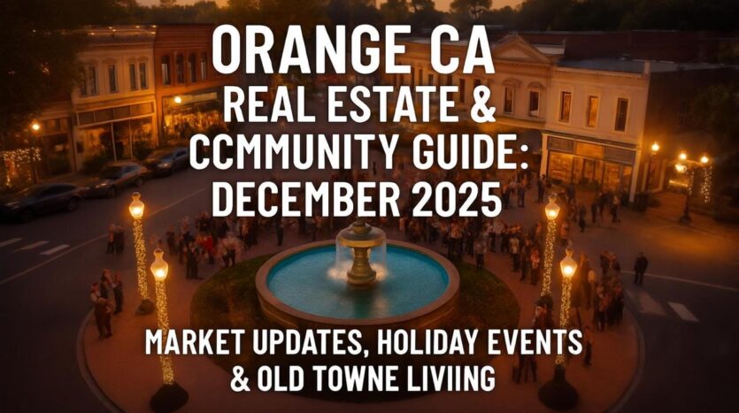 Orange CA Old Towne Plaza evening scene with fountain and holiday lights - December 2025 Real Estate and Community Guide cover image