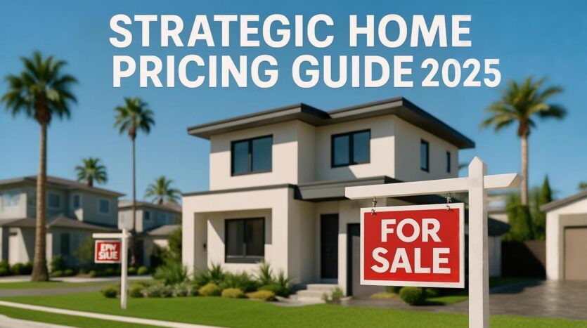 Modern two-story suburban home with “For Sale” yard sign and headline text reading “Strategic Home Pricing Guide 2025.”