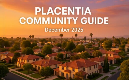 Aerial sunset view of Placentia CA residential neighborhood with Spanish-style homes, palm trees, and red tile roofs - Placentia Community Guide December 2025