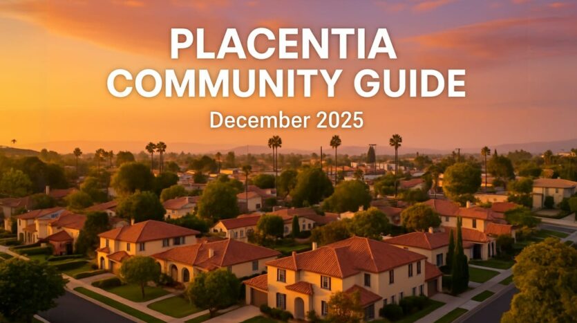 Aerial sunset view of Placentia CA residential neighborhood with Spanish-style homes, palm trees, and red tile roofs - Placentia Community Guide December 2025