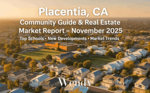 Aerial view of a Placentia, California neighborhood at sunset with a school and green field; overlay reads “Community Guide & Real Estate Market Report, Nov 2025.”