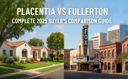 Placentia vs Fullerton comparison showing suburban Placentia home with green lawn and tree-lined street on left, downtown Fullerton Fox Theater and commercial district on right, illustrating lifestyle differences between the two North Orange County cities