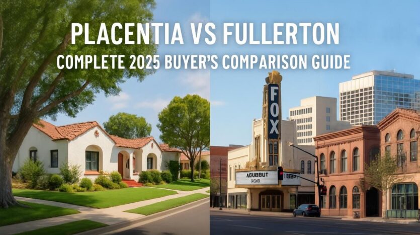 Placentia vs Fullerton comparison showing suburban Placentia home with green lawn and tree-lined street on left, downtown Fullerton Fox Theater and commercial district on right, illustrating lifestyle differences between the two North Orange County cities