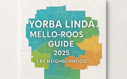 Yorba Linda Mello-Roos Guide 2025 map showing neighborhoods color-coded by special tax assessment status in Orange County CA
