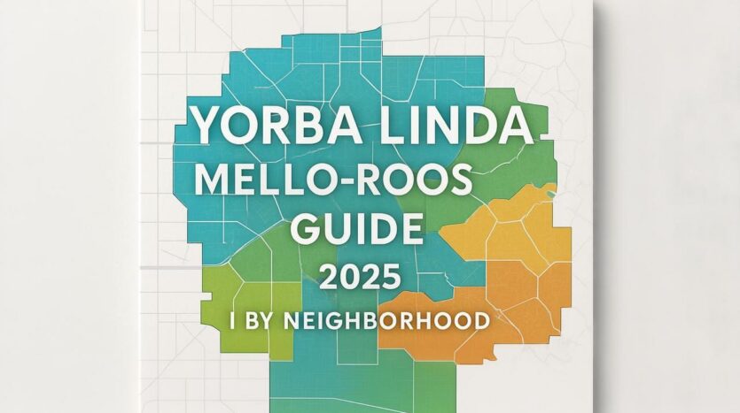 Yorba Linda Mello-Roos Guide 2025 map showing neighborhoods color-coded by special tax assessment status in Orange County CA